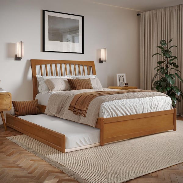 Roslyn Light Toffee Natural Bronze Solid Wood Frame Full Platform Bed with Panel Footboard and Twin Trundle
