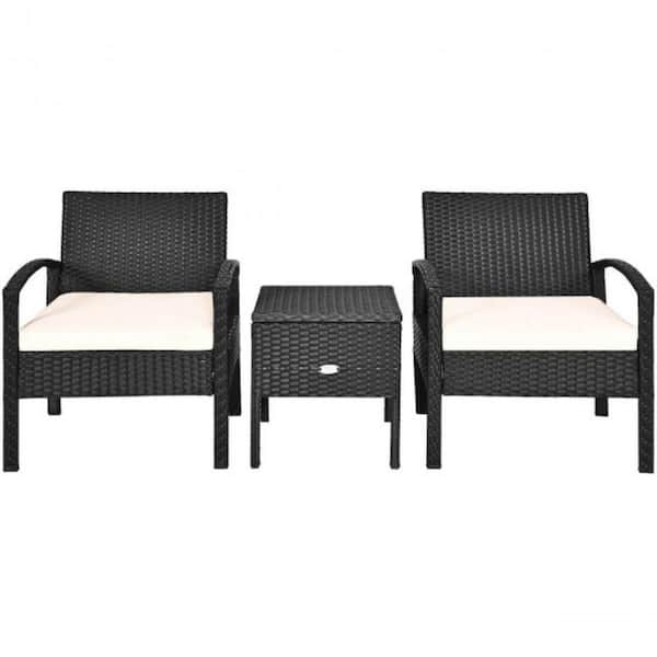 3-Piece Wicker Patio Conversation Set with White Cushions