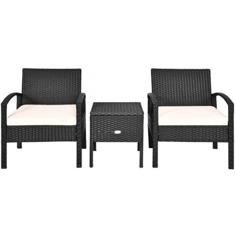 3-Piece Wicker Patio Conversation Set with White Cushions