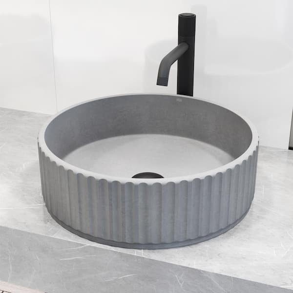 VIGO Windsor Modern Gray Concreto Stone 16 in. L x 16 in. W x 5 in. H Round Fluted Bathroom Vessel Sink