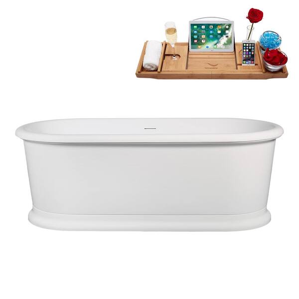 Streamline 71 in. x 34 in. Acrylic Freestanding Soaking Bathtub in Glossy White Exterior With Polished Chrome Drain, Bamboo Tray