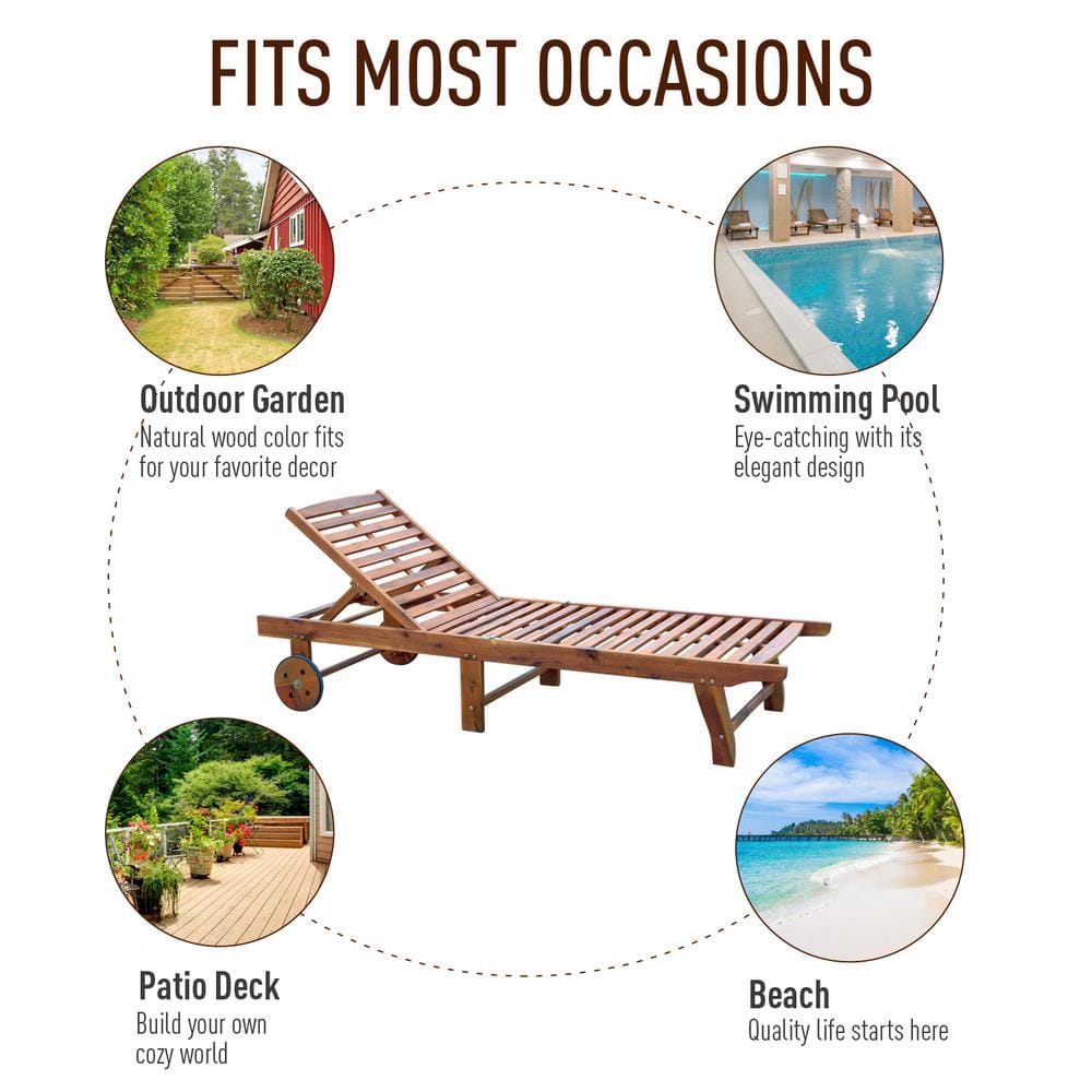 Teak Acacia Wood Outdoor Folding Chaise Lounge with Wheels
