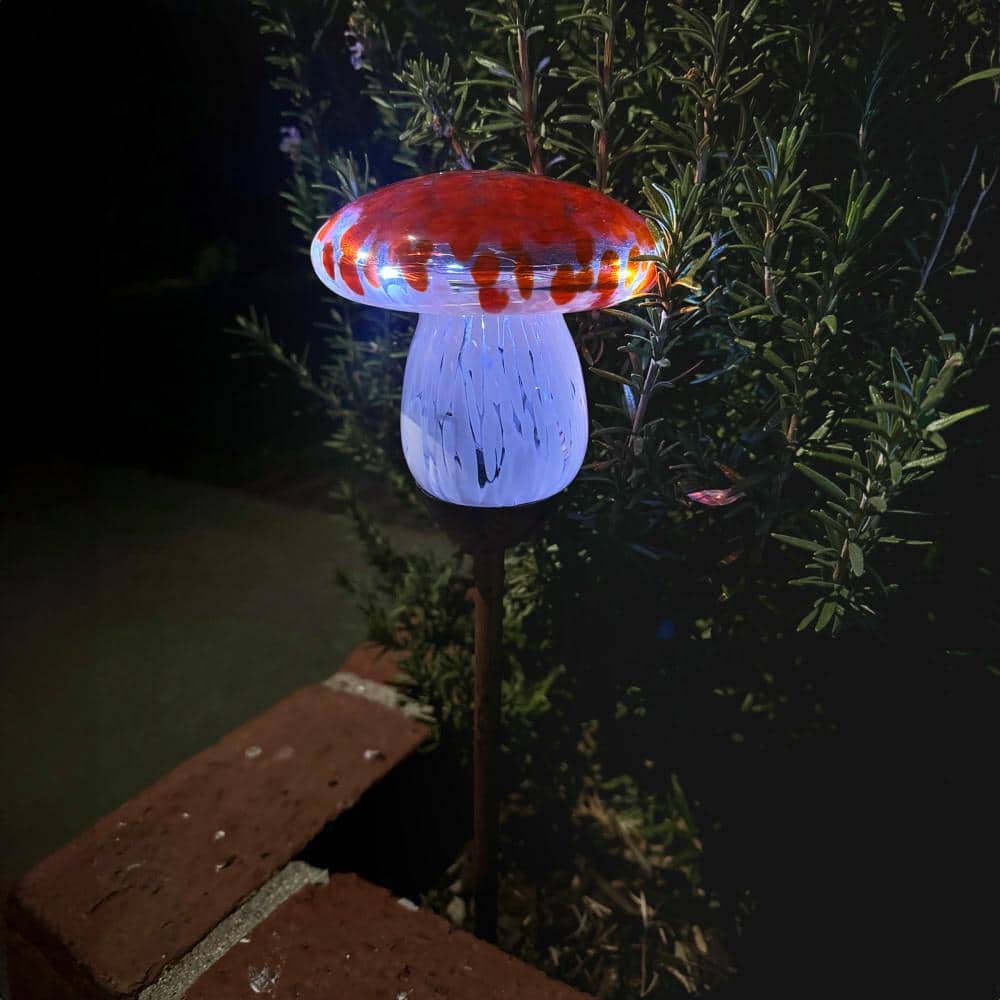 Solar Red and White Glass Mushroom Garden Stake Light