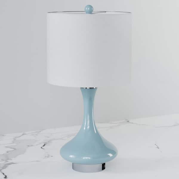 Maxax Sacramento 23 in. Blue/Nickel Table Lamp with White Linen Lampshade / USB / Type-C Port.