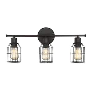 24 in. W x 11 in. H 3-Light Oil Rubbed Bronze Bathroom Vanity Light with Metal Cage Shades