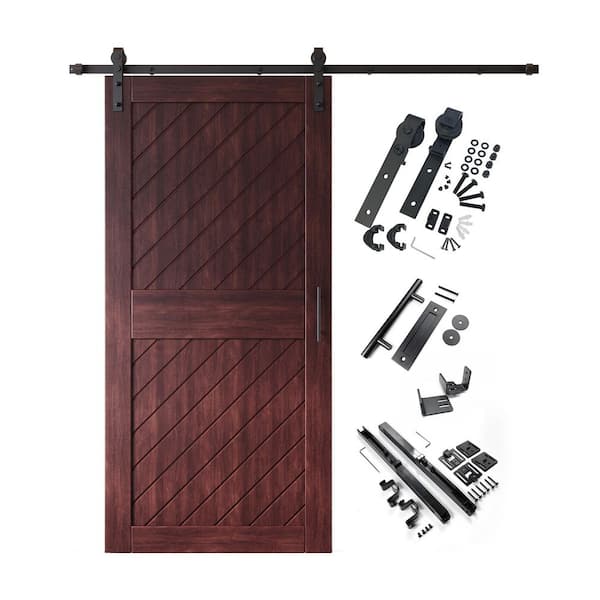 HOMACER XT1 40 in. x 84 in. C-Panel Red Mahogany Slanted Stripe Design Solid Pine Wood Sliding Barn Door with Hardware Kit