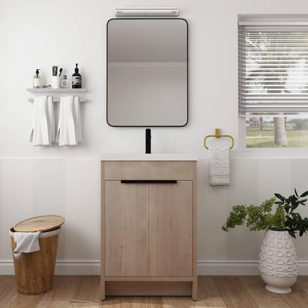 EPOWP 24 in. W x 18.3 in. D x 35 in. H Freestanding Bath Vanity in Plain Light Oak with White Ceramic Top