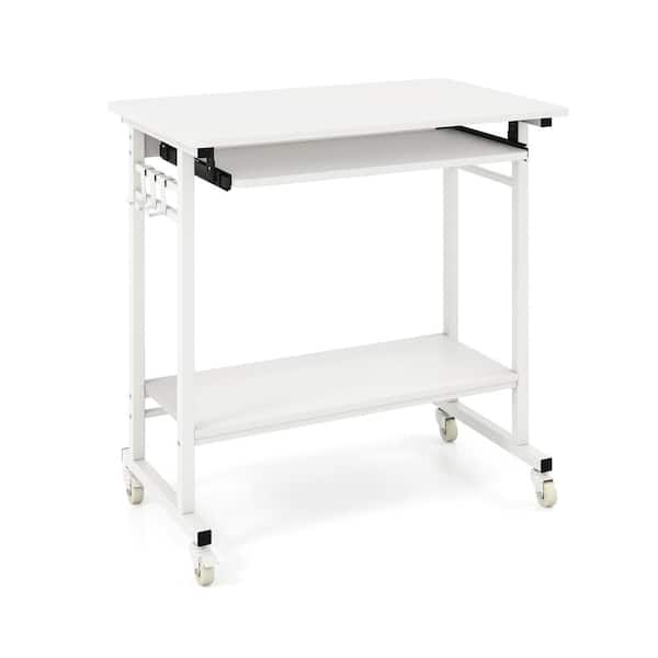 Rolling Laptop Table with Pull-out Keyboard Tray and Hooks-White