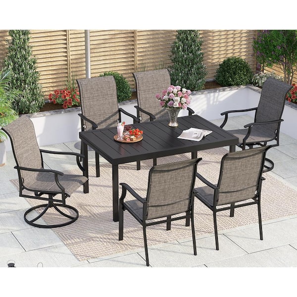 PHI VILLA Black 7-Piece Metal Outdoor Dining Set with Padded Swivel Rocker Texitilene Chair and Expandable Table