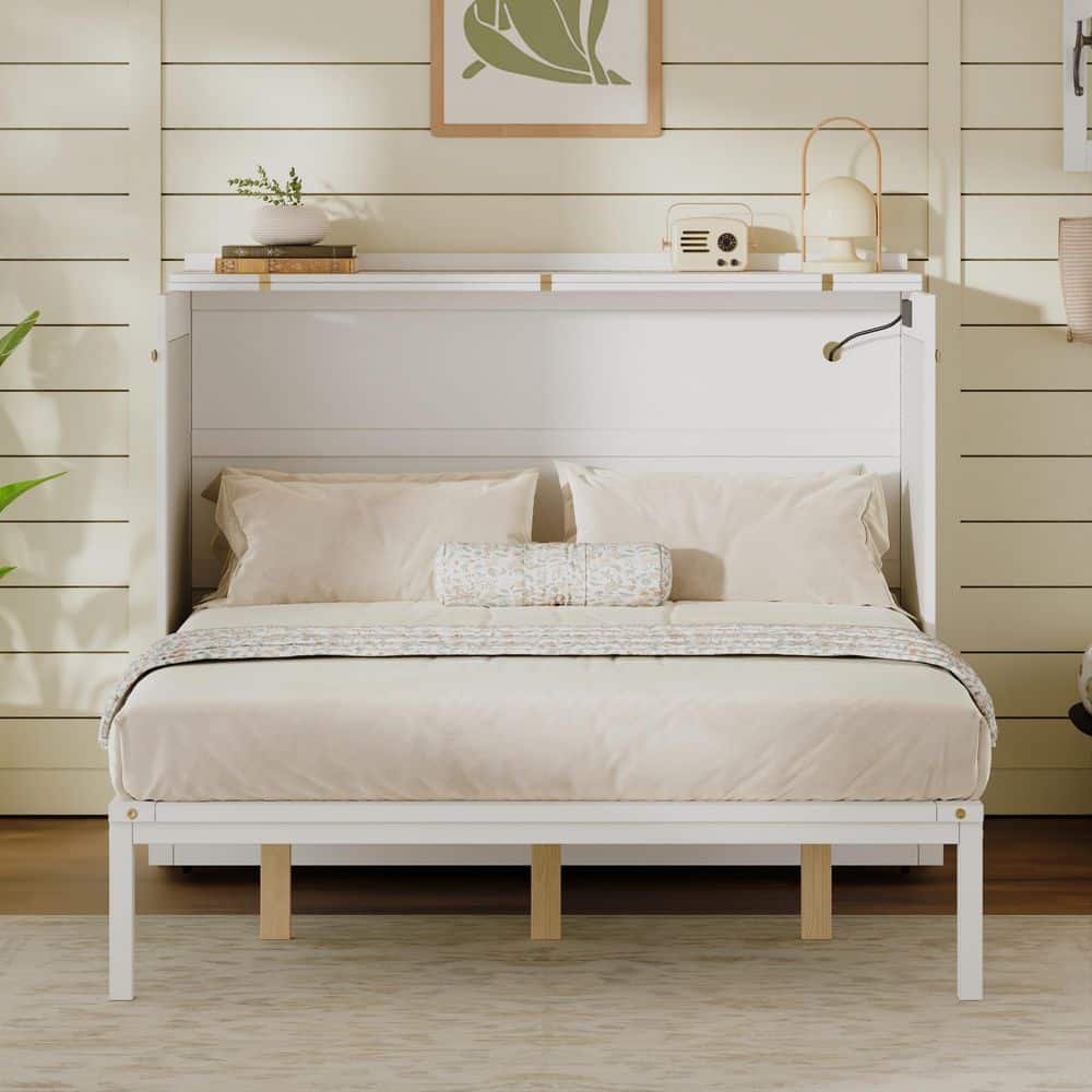 Elix Modern White Wood Frame Queen Size Murphy Bed Cabinet with Drawers Plus USB Charging Station