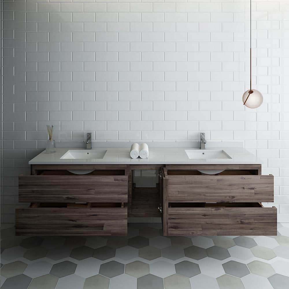 Formosa 84" Acacia Wood Wall-Mounted Double Sink Vanity with Quartz Top