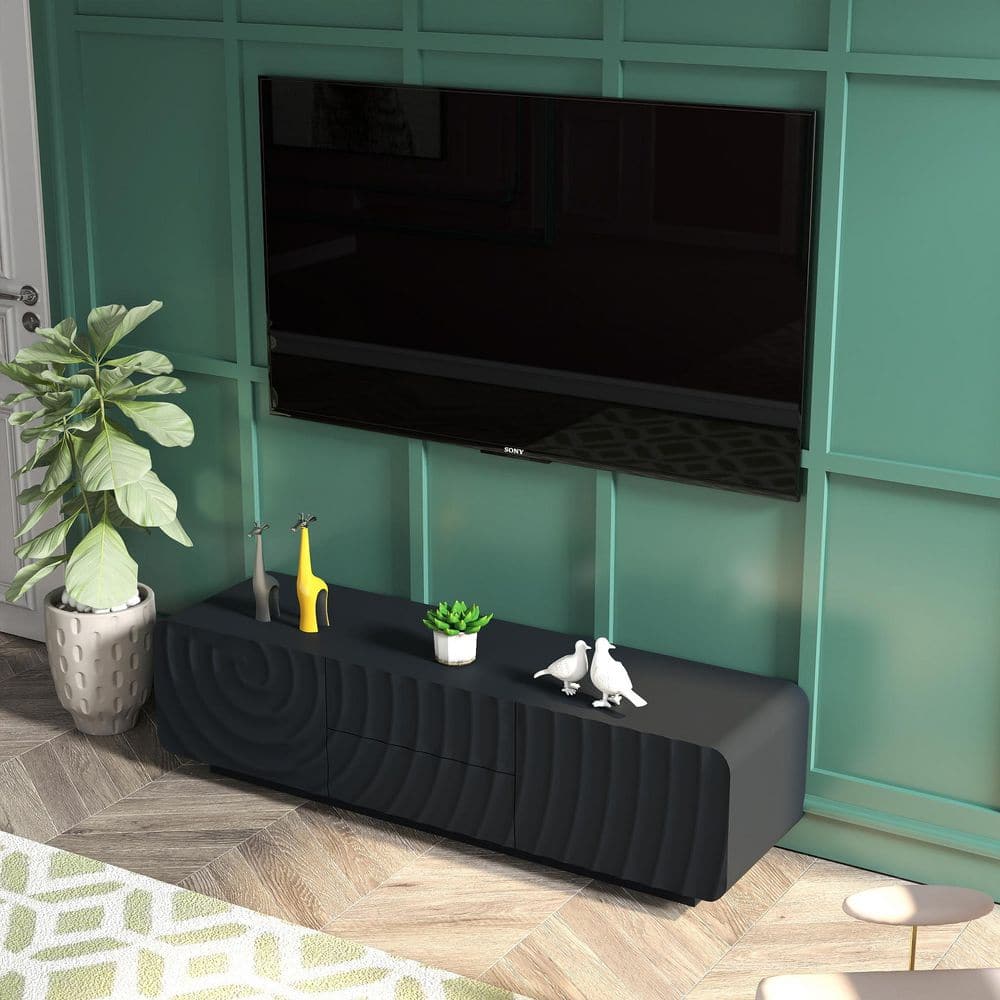 Jeevan Black Wood TV Console Fits TVs Up to 59 in. with Modern Unique Spiral Wave Design, 2-Drawers and 2-Doors