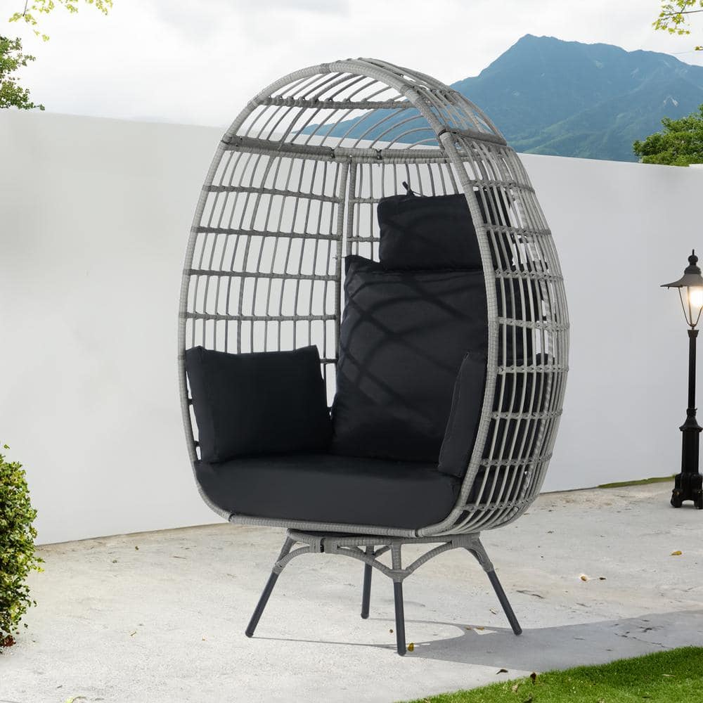 Patio Wicker Swivel Egg Chair, Oversized Indoor Outdoor Egg Chair, Gray Rat