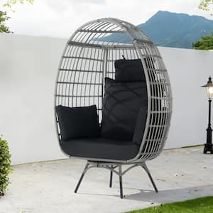 Patio Wicker Swivel Egg Chair, Oversized Indoor Outdoor Egg Chair, Gray Ratten Black Cushions