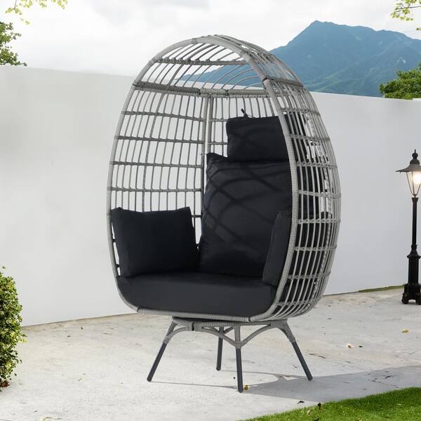 SANSTAR Patio Wicker Swivel Egg Chair, Oversized Indoor Outdoor Egg Chair, Gray Ratten Black Cushions