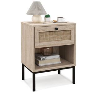 Oak 1 Drawer Rattan Nightstand Boho End Table with Open Shelf for Living Room