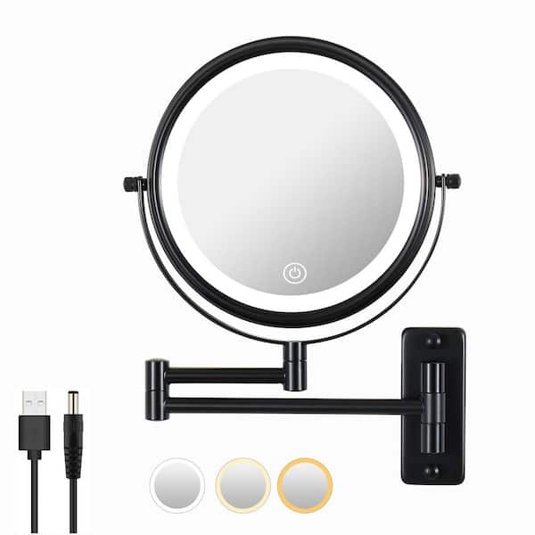 Tileon 8 in. W x 8 in. H Small Round 1x/10x Magnifying Wall Bathroom Makeup Mirror with Built-in Battery and Type-C in Black