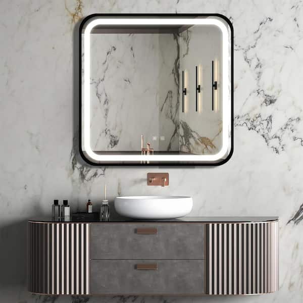32 in. W x 32 in. H Rectangles Black Frame Wall Mounted Led Classy Bathroom Vanity Mirror in Silver with Anti-Fog