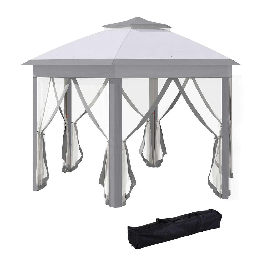 Gray Steel Hexagonal Pop-Up Gazebo with Mesh Netting