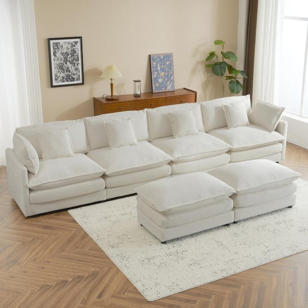 Harper & Bright Designs 149.6 in Corduroy Modular Sectional Sofa in. Beige with Pillows, Side Pockets, 2-Layer Seat Cushions, 2 Ottomans