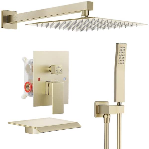 Double Handle 3-Spray Tub and Shower Faucet Shower Combo 12 in. Shower Head 2.5 GPM in Brushed Gold Valve Included
