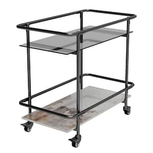 25.6 in. W x 23.8 in. H x 14 in. D Sintered Stone and Glass Rectangular Shelf in Black Metal Frame