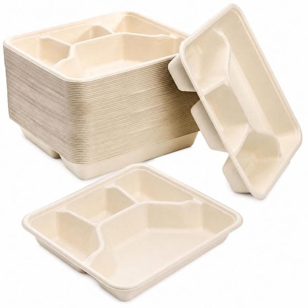 50 Pack White Disposable Sugarcane Bagasse Compostable 4 Compartment Dinner Plates Heavy Duty Divided Tray