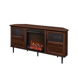 54 in. Dark Walnut Wood Electric Fireplace Corner TV Stand Fits TVs up to 60 in. with Split-Glass Doors