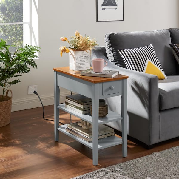Tileon Narrow 2-Tone End Table with USB Charging Ports for Small Space, SOLID WOOD Table Legs, Pantry Organizer in Gray