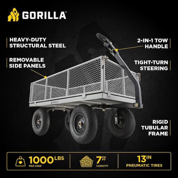 1,000 lbs. Heavy-Duty Steel Utility Garden Cart, 6 cu. ft. Capacity, 13 in. Pneumatic Tires, 2-in-1 Pull or Tow Handle