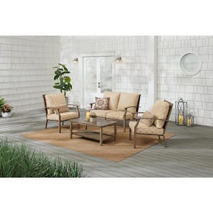 Geneva 4-Piece Wicker Outdoor Patio Conversation Deep Seating Set with CushionGuard Toffee Trellis Tan Cushions