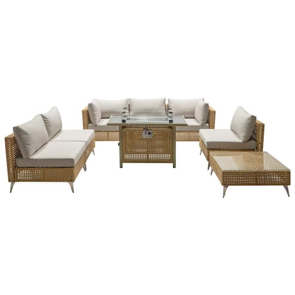 Boosicavelly 8-Piece Beige and Orange Metal Frame Outdoor Sectional Set with Cushions, Fire Pit Table