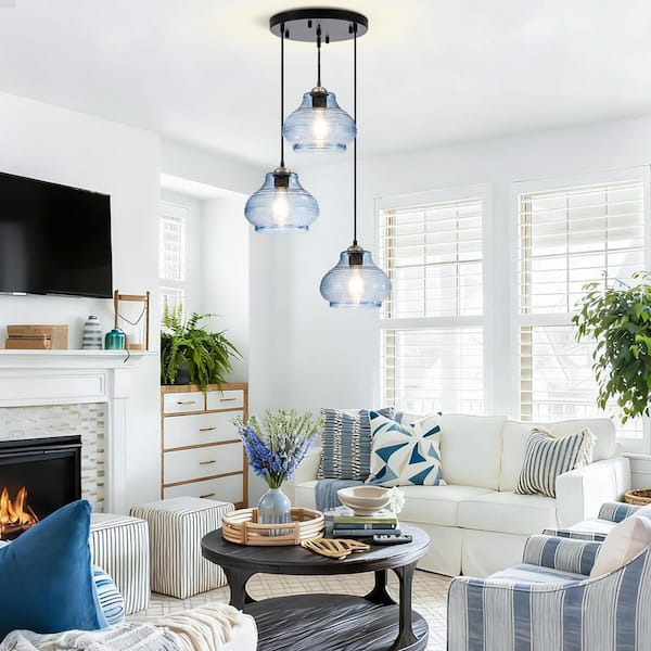 Kinlea 3-Light Blue Cluster Traditional Chandelier with Gourd Shaped Glass for Living Room with Bulb Not Included