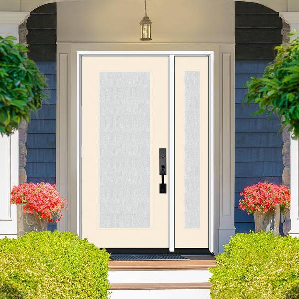 Legacy 53 in. x 80 in. RHOS Full Lite Rain Glass Primed Linen Finish Fiberglass Prehung Front Door with 14 in. SL