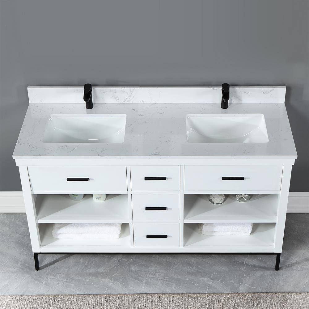 Kesia 60" White Double Bathroom Vanity with Composite Stone Top