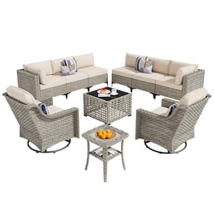 Thor 10-Piece Wicker Patio Conversation Seating Sofa Set with Beige Cushions and Swivel Rocking Chairs