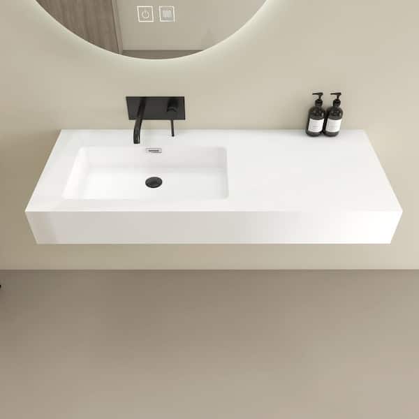 47 x 19 in. Solid Surface Wall Mount Left Bathroom Vessel Sink with Single Faucet Holes in Matte White