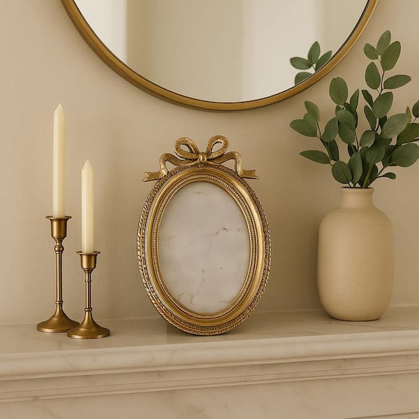 4 in. x 6 in. Gold Polyresin Oval Coquette Photo Frame with Bow