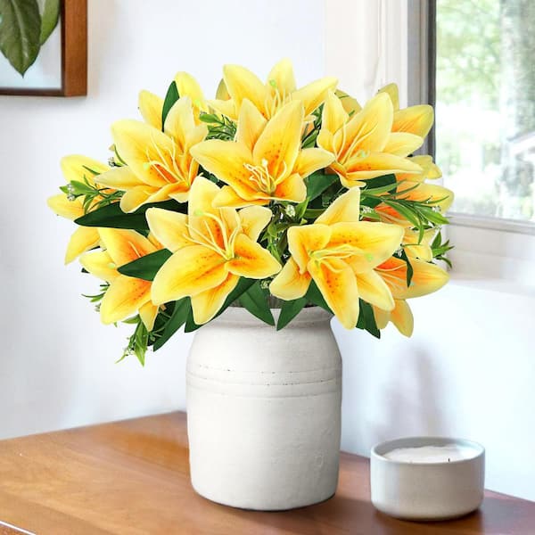 LIVING LUXURY 13 in. Yellow Artificial Stargazer Lily Flower Stem