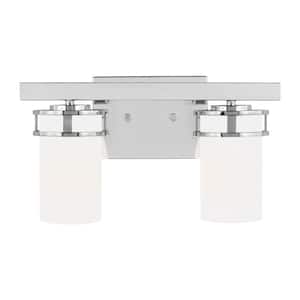 Robie 14 in. 2-Light Chrome Transitional Rustic Wall Bathroom Vanity Light with Etched White Glass Shades
