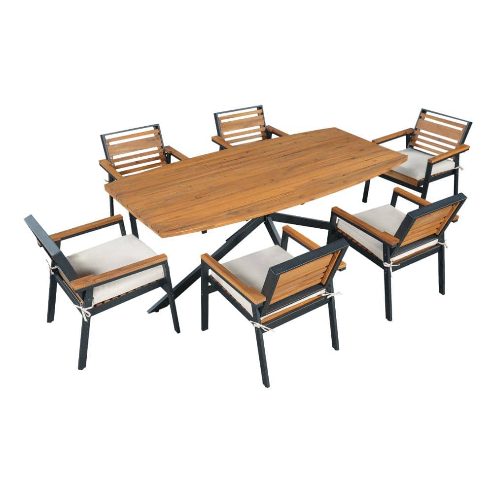 7-Piece Acacia Wood & Iron Outdoor Dining Set with Beige Cushions-1 Table and 6 Chairs price history on PriceWatchPro