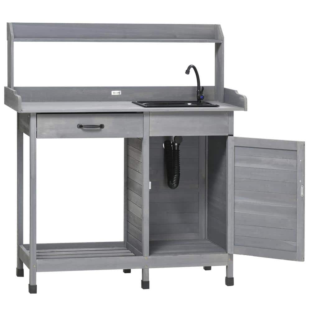 Gray Wooden Outdoor Potting Bench with Sink and Storage