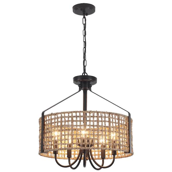 5-Light Black Hanging Ceiling Candlestick Linear Chandelier Lighting with Rattan Shaded for Kitchen Island