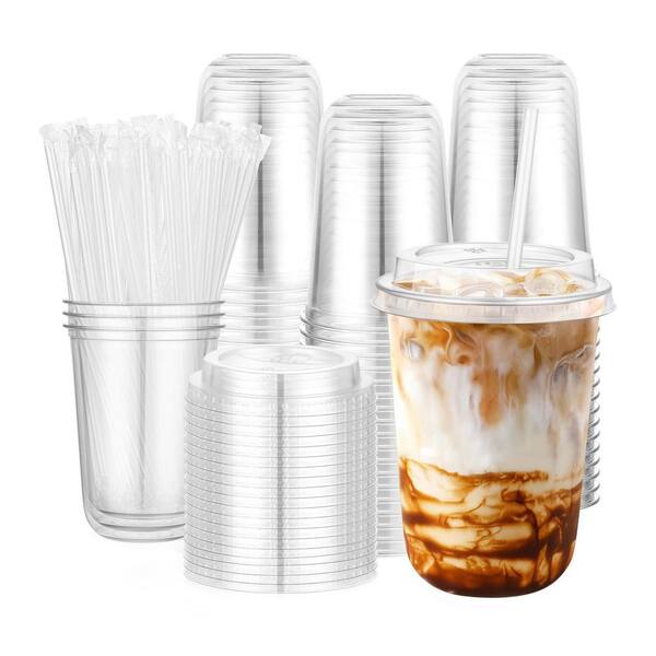 50 Set 16 oz Clear Plastic Disposable Cups with Lids and Straws Cold Drink Tableware Party Catering Case