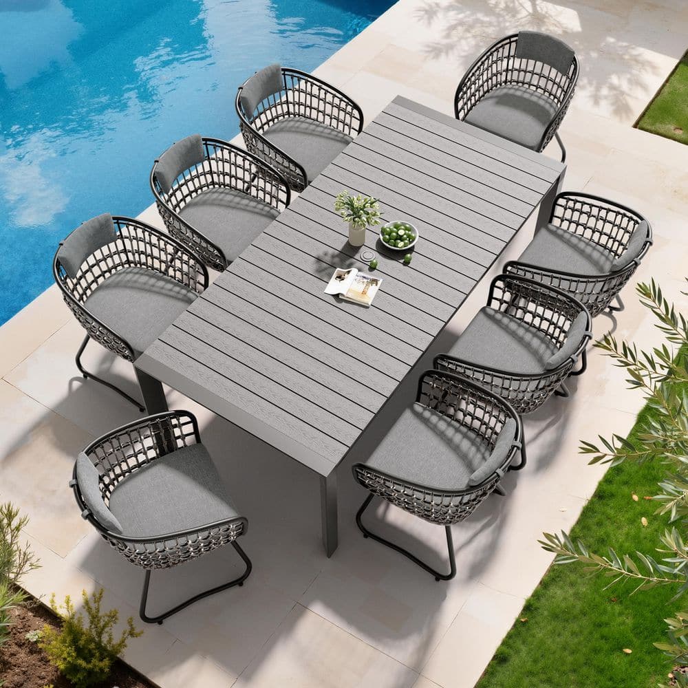 9-Piece 84 in. Dark Gray Aluminum Rectangle Wood-like Composite Table Wicker Chairs Outdoor Dining Set with Gray Cushion