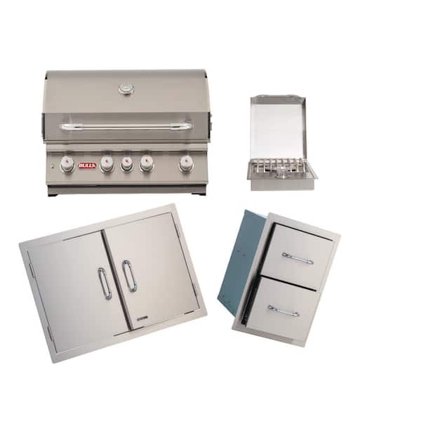 Angus Series 4-Burner Built-In Liquid Propane Grill 30 in Stainless Steel with Double Drawer, Double Door & Side Burner