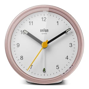 Braun Classic Analog Alarm Clock, Snooze and Light, Quiet Quartz Movement, Beep Alarm in White and Rose, model BC12PW.