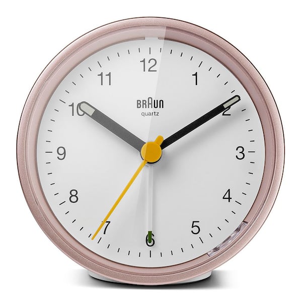 Braun Classic Analog Alarm Clock, Snooze and Light, Quiet Quartz Movement, Beep Alarm in White and Rose, model BC12PW.