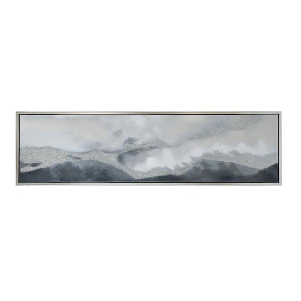 Benjara Gray and Silver Wooden Framed Landscape Abstract Design Handpainted Wall Art