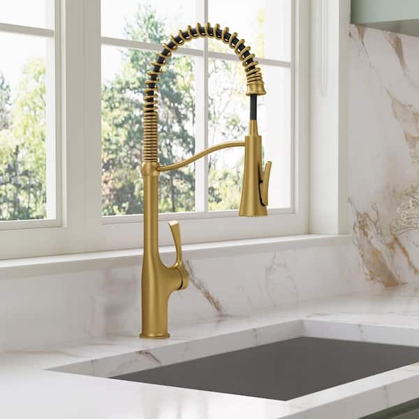 23.8 in. Single Handle Spring 360° Swivel Pull Down Sprayer Kitchen Faucet with Spray Wand in Brushed Gold